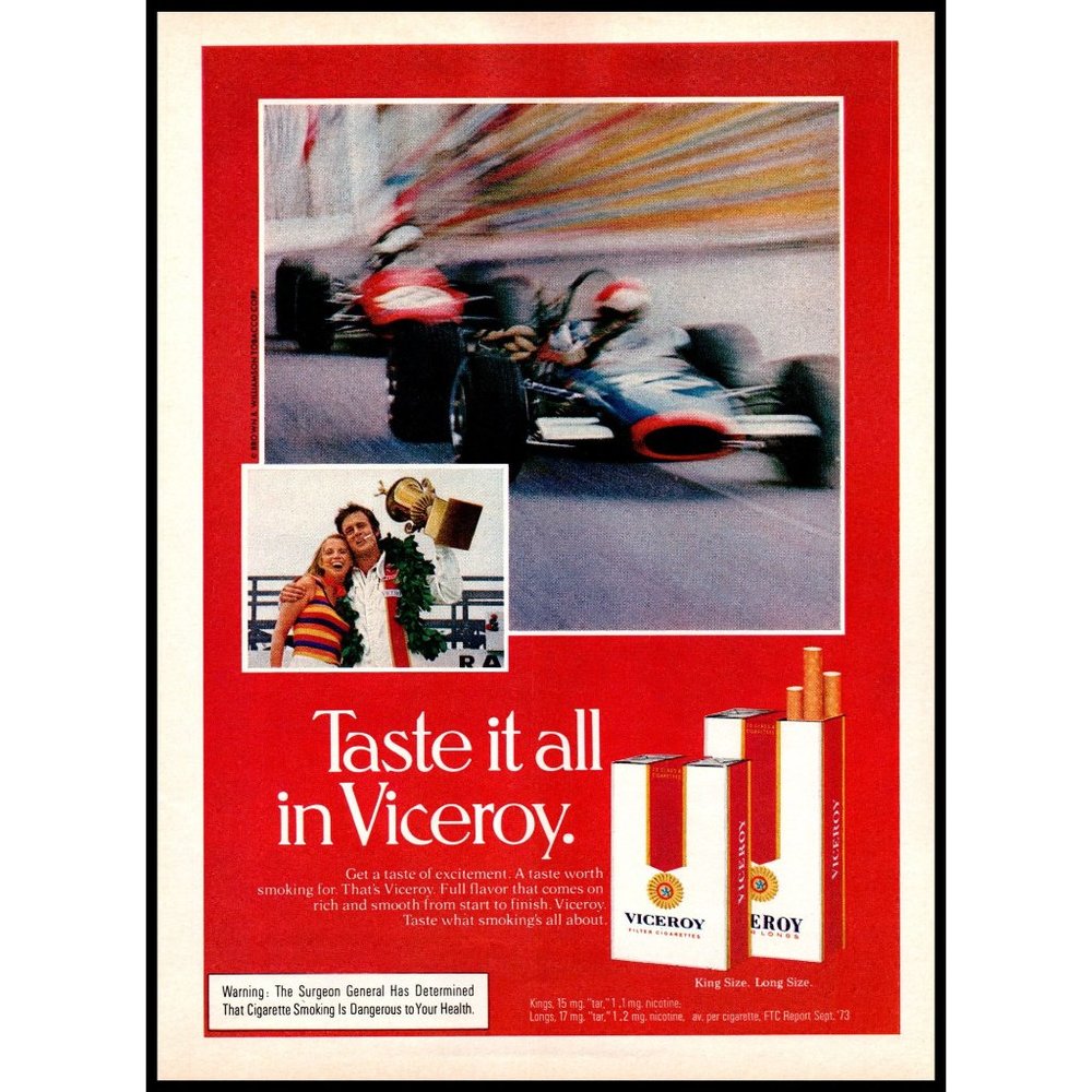 1974 Viceroy Cigarettes Vintage Print Ad Formula One Winners Circle Girl Photo